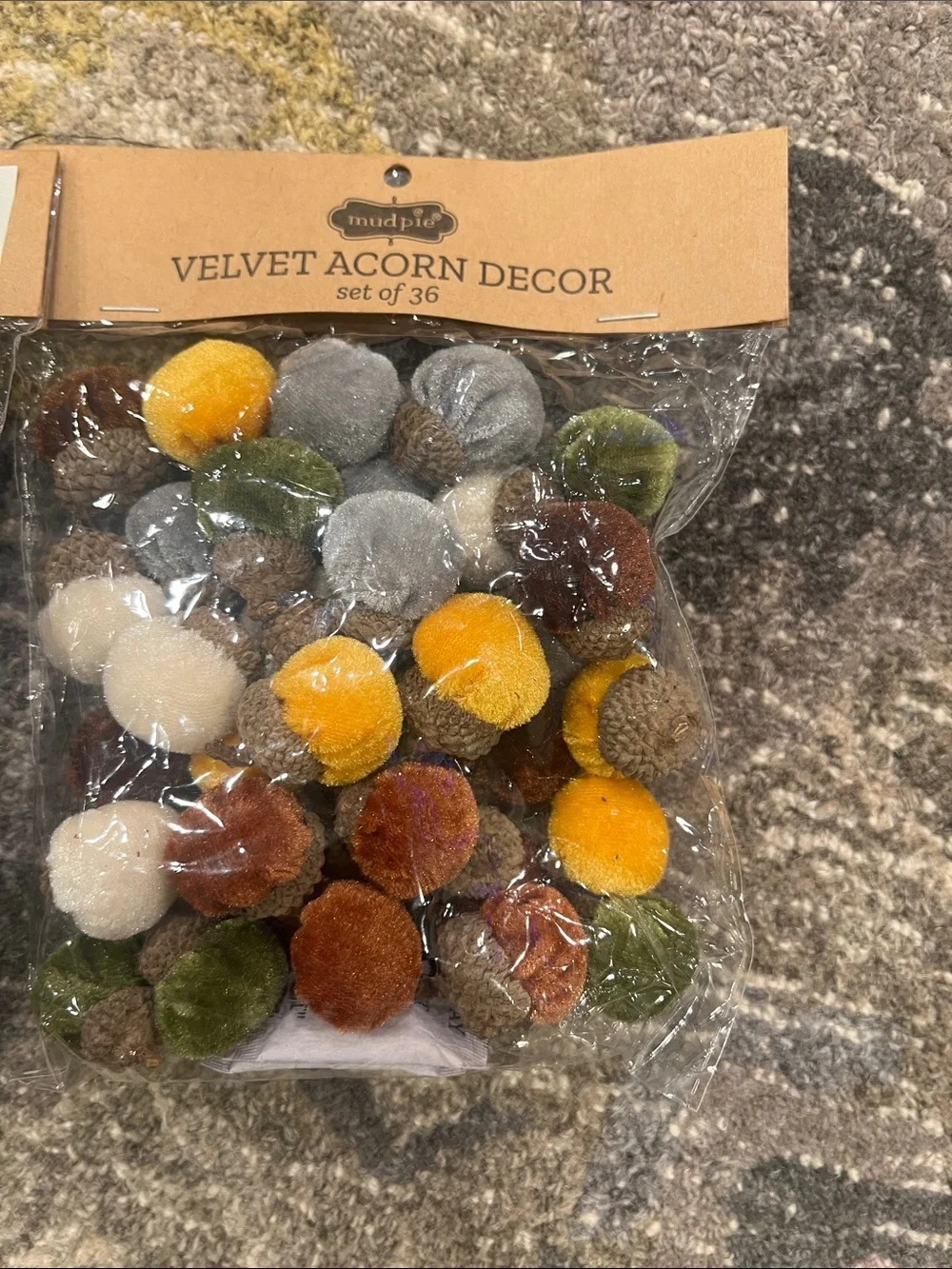 Mud Pie Velvet Acorn Decor - Yellow, Green, Brown, Cream, Gray